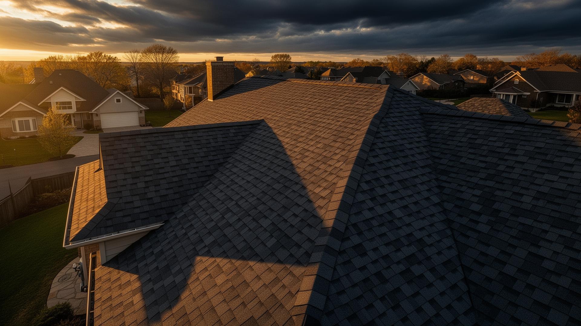 Aerial view of premium completed residential roof at golden hour